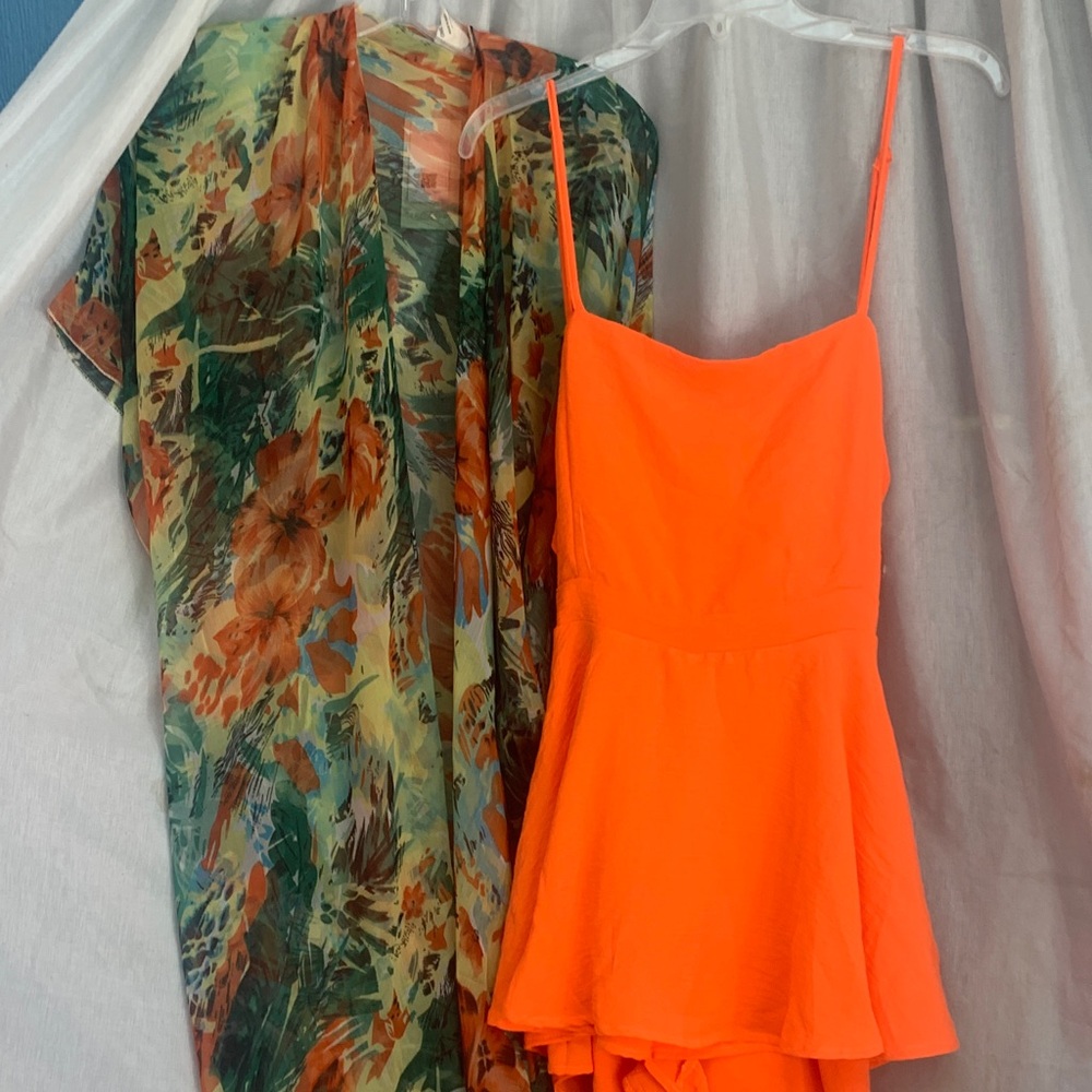 Neon Orange Spaghetti Strap Mini Dress with Floral Kimono